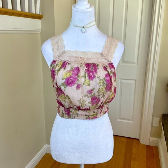 Band of Gypsies Top Y2K Crop Floral & Lace Purple Pink Beige Green Retro (S) - Picture 1 of 8